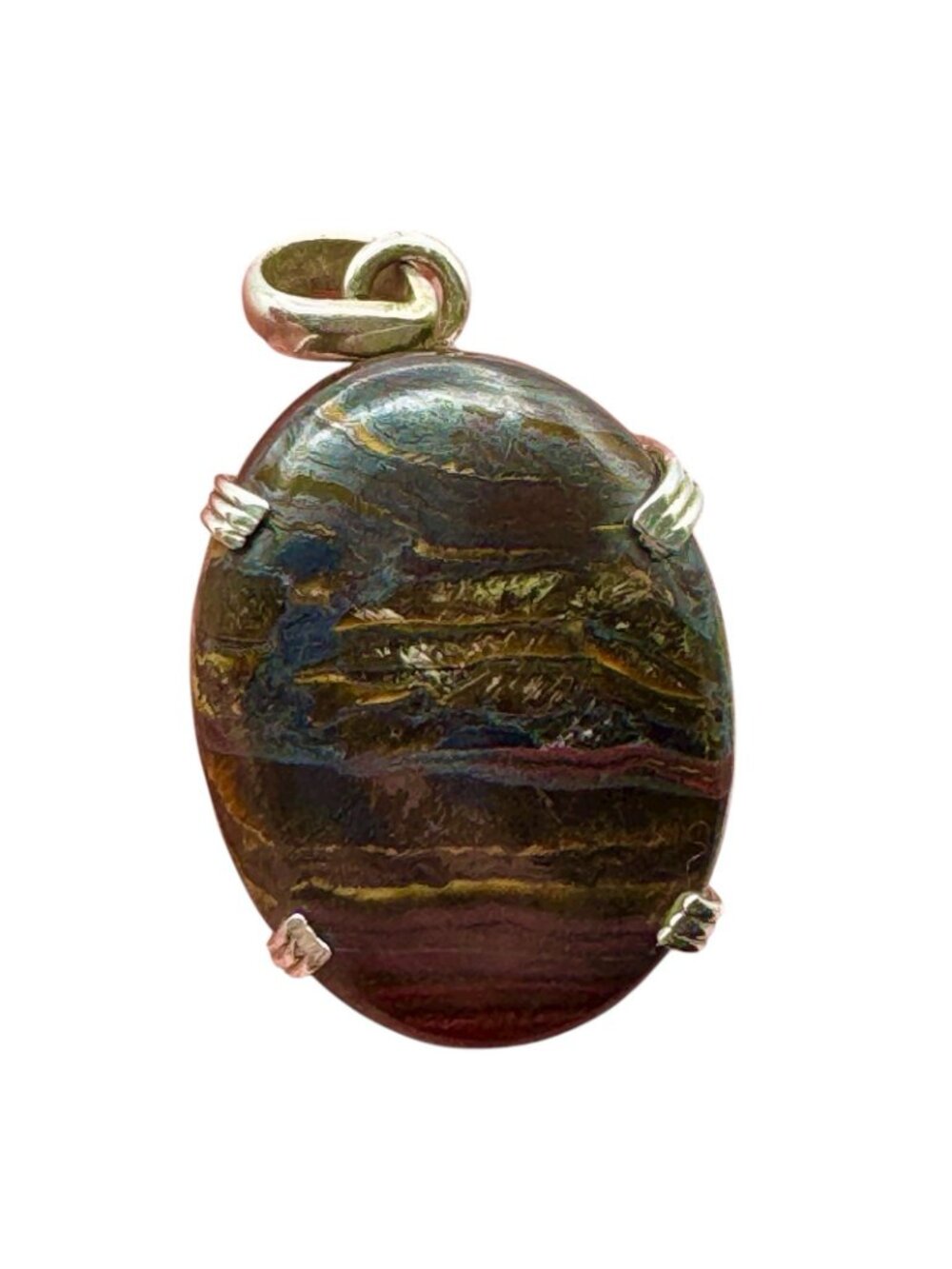 Tiger Iron Sterling Silver Pendant Polished Oval Gemstone Natural Layered Bands - Picture 9 of 16